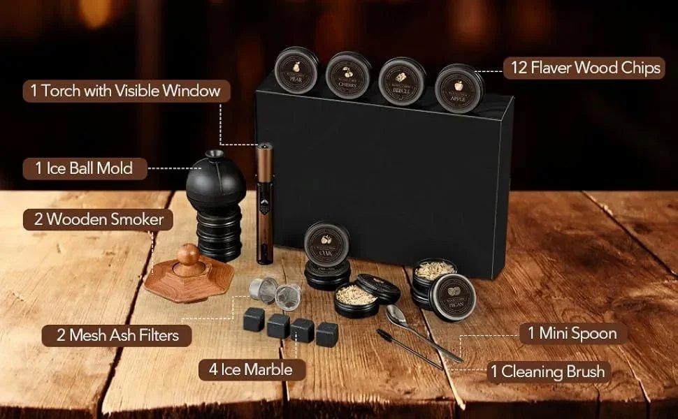 THE WELL KEPT 23Pcs Whiskey Smoker Kit with Torch-12 Wood Chips, Ice Ball Molds, Cocktail  Infuser Kit, Old Fashioned Drink  Kit, Birthday Bourbon Whiskey Gifts Valentine's Day Gifts for Men,Husband,Dad