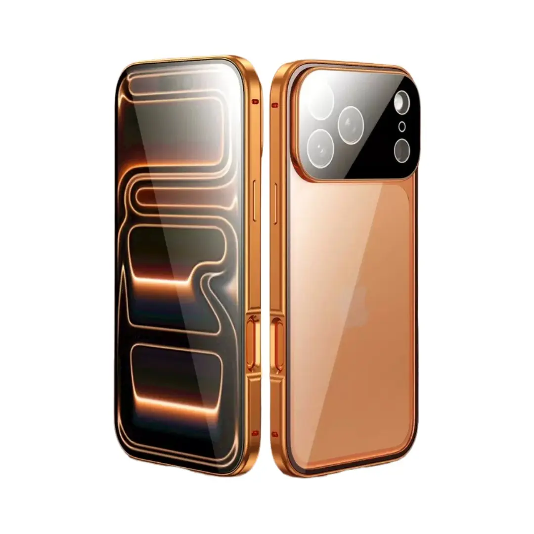 Magnetic Double-Sided Glass Phone Case with Metal Frame, Camera Lens Protector, Anti-Drop Shell & Privacy Screen Protector for iPhone 15 Pro Max, 16E, 17 Pro Max shiny ultra thin phone cover