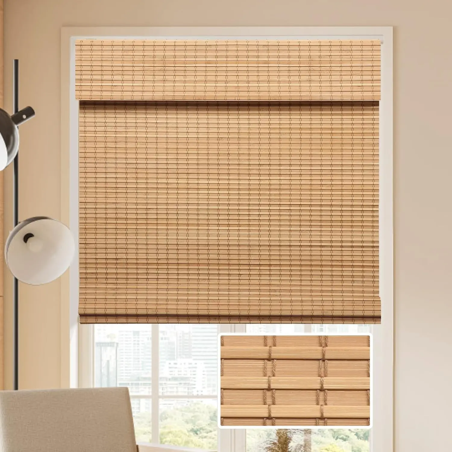 Cordless Bamboo Roman Blinds for Indoor Windows - Blackout Room Darkening Shades with 6" Valance Cover, Enhanced Privacy, 28" W x 64" H