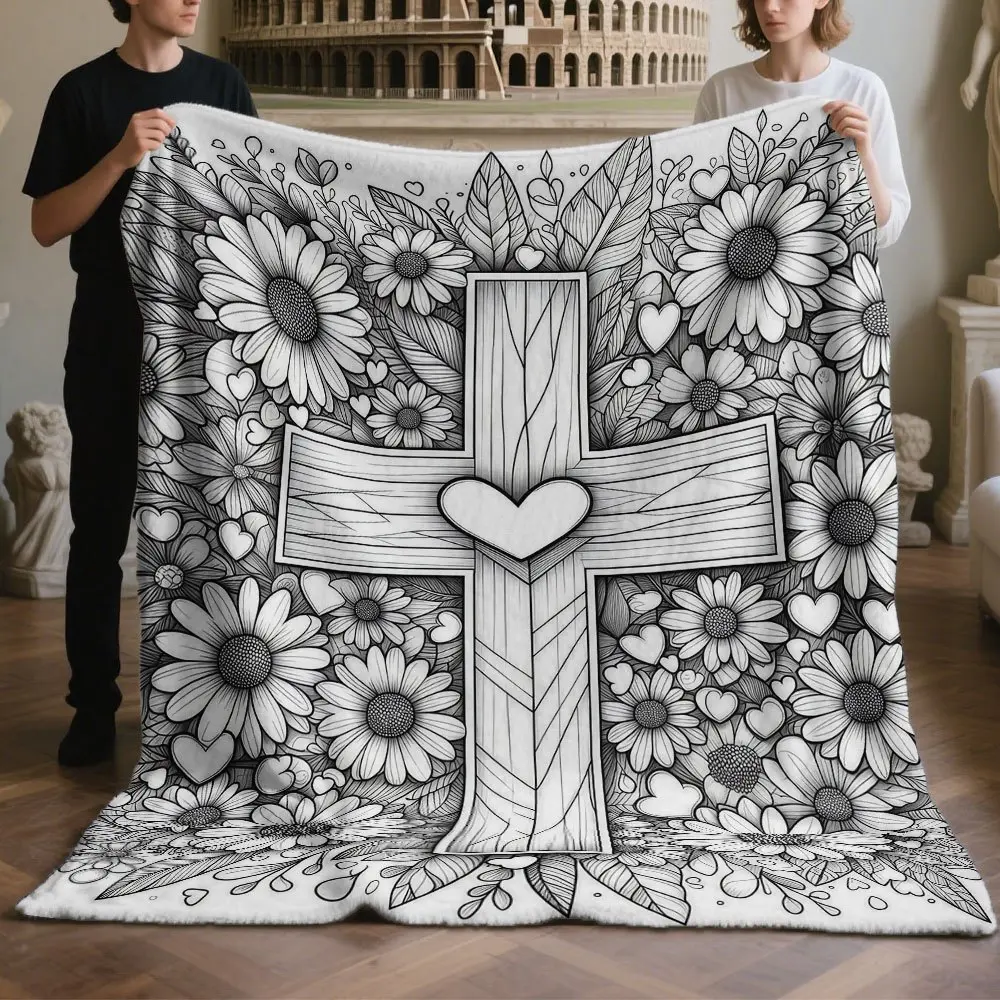 A Coloring-by-numbers Stress-relief Hand-painted Style Flannel Blanket, "Flower of Faith" Daisy Cross Flannel Blanket, Adult DIY Coloring Hand-painted Style Throw Blanket, Creative Doodle Coloring Leisure Stress-relief Blanket, Thickened Warm Flannel
