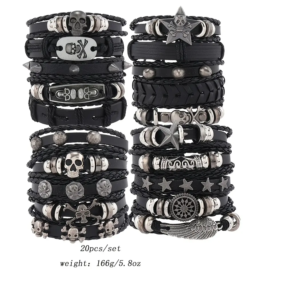 20pcs Men's Punk Skull Spike Bracelet Set, Vintage Exaggerated Five-pointed Star Edgy Retro Rock Jewelry for Guys, Wings Pointed Nail, Man Stackable Adjustable Bracelet (Random Style)