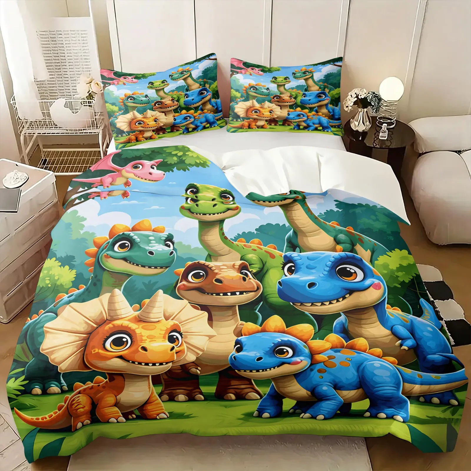 Cute Cartoon Dino Friends Duvet Cover Set, Kawaii Animal Bedding Set, Includes 1 Duvet Cover & 1-2 Pillowcase, No Filling, Soft Comfortable for Boys Girls Bedroom Decor, Dinosaur Enthusiast Gift
