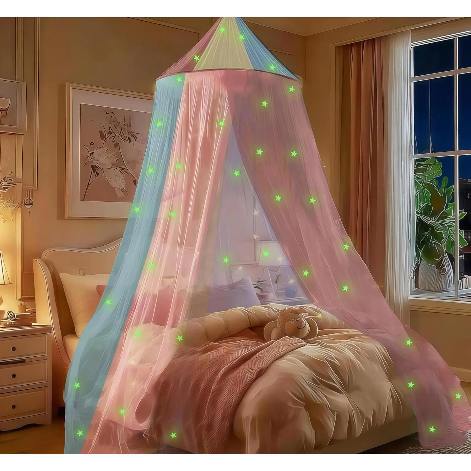 Rainbow Bed for Girls with Glow-in-the-Dark Stars, Colorful Net Fits Most Single, Twin, Full and Queen Size Bed, Bedroom Accessories
