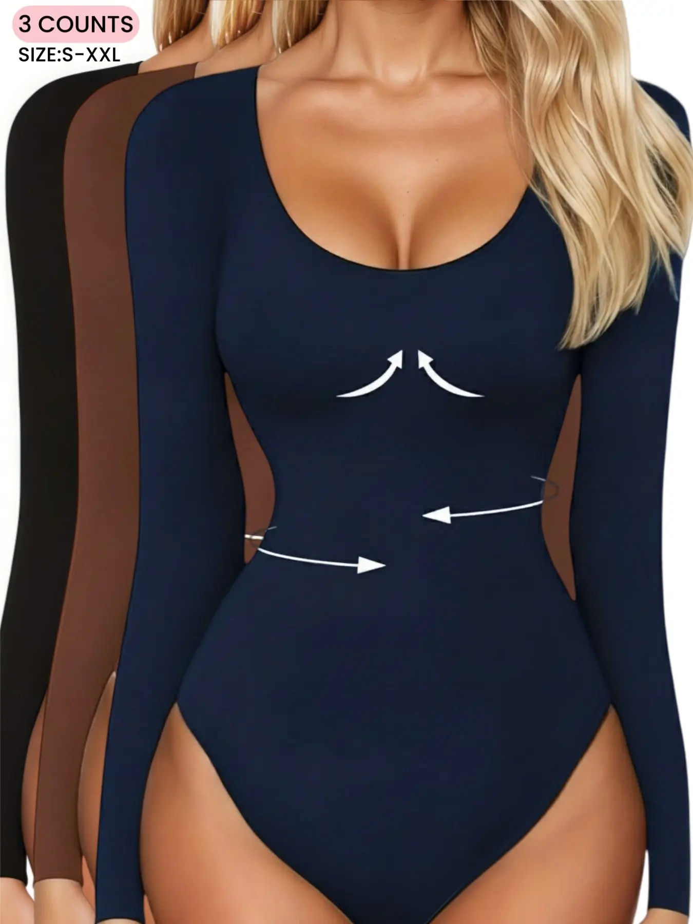 Women's Ribbed Abdomen Control Bodysuit, Long Sleeve Seamless T Shirt,Comfortable Scoop Neck Body Suit Stretchy Basic Tops, Fit Soft Elastic & Thin  Fabric, Perfect For Daily Wear and  Going Out, Shapewear for Fall