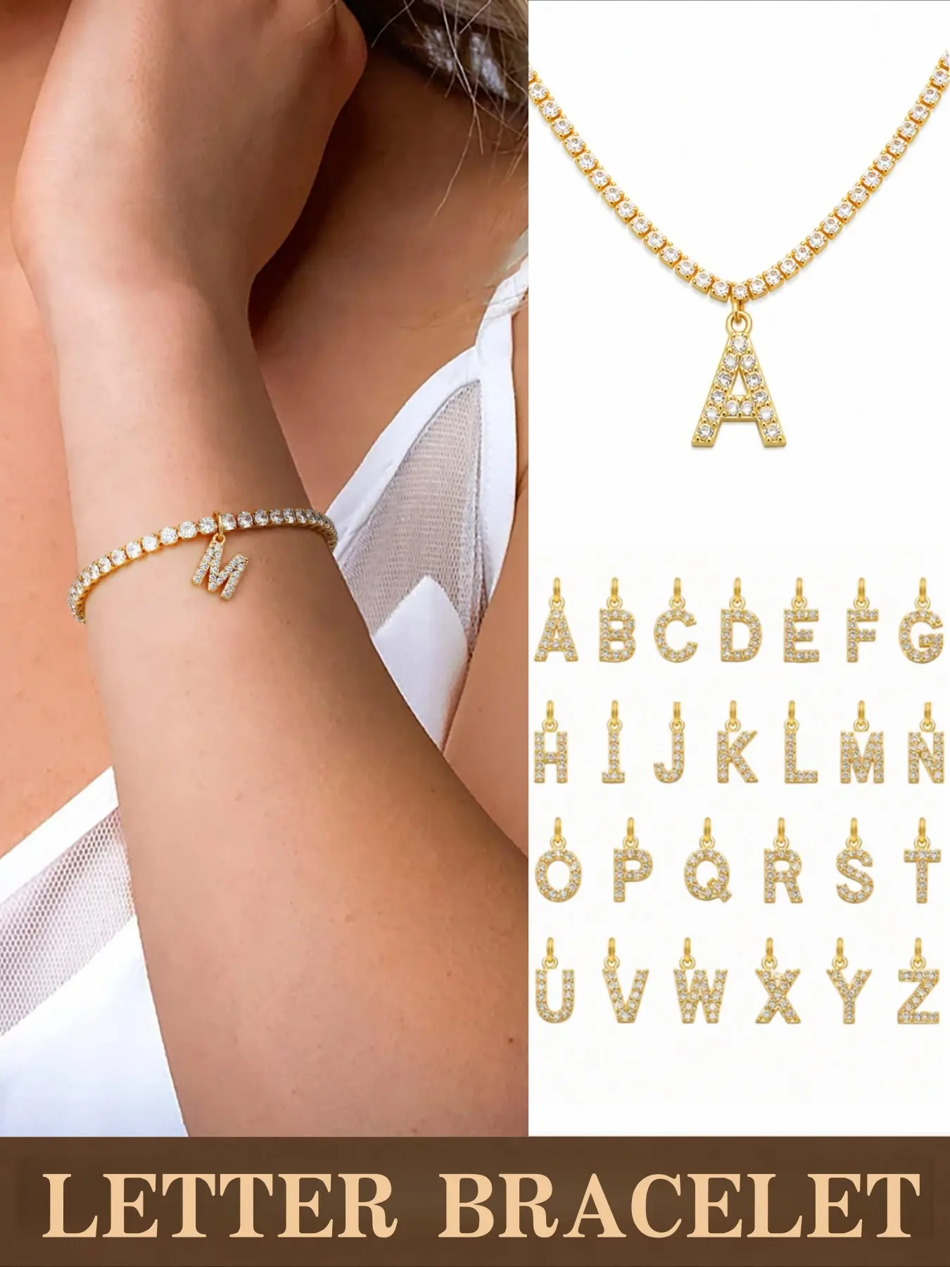 Dainty A-Z Initial Tennis Bracelet for Women, Cubic Zirconia Letter Charm Bracelet, Adjustable Stainless Steel Personalized Jewelry, Elegant Everyday Accessory, Birthday Gift for Her