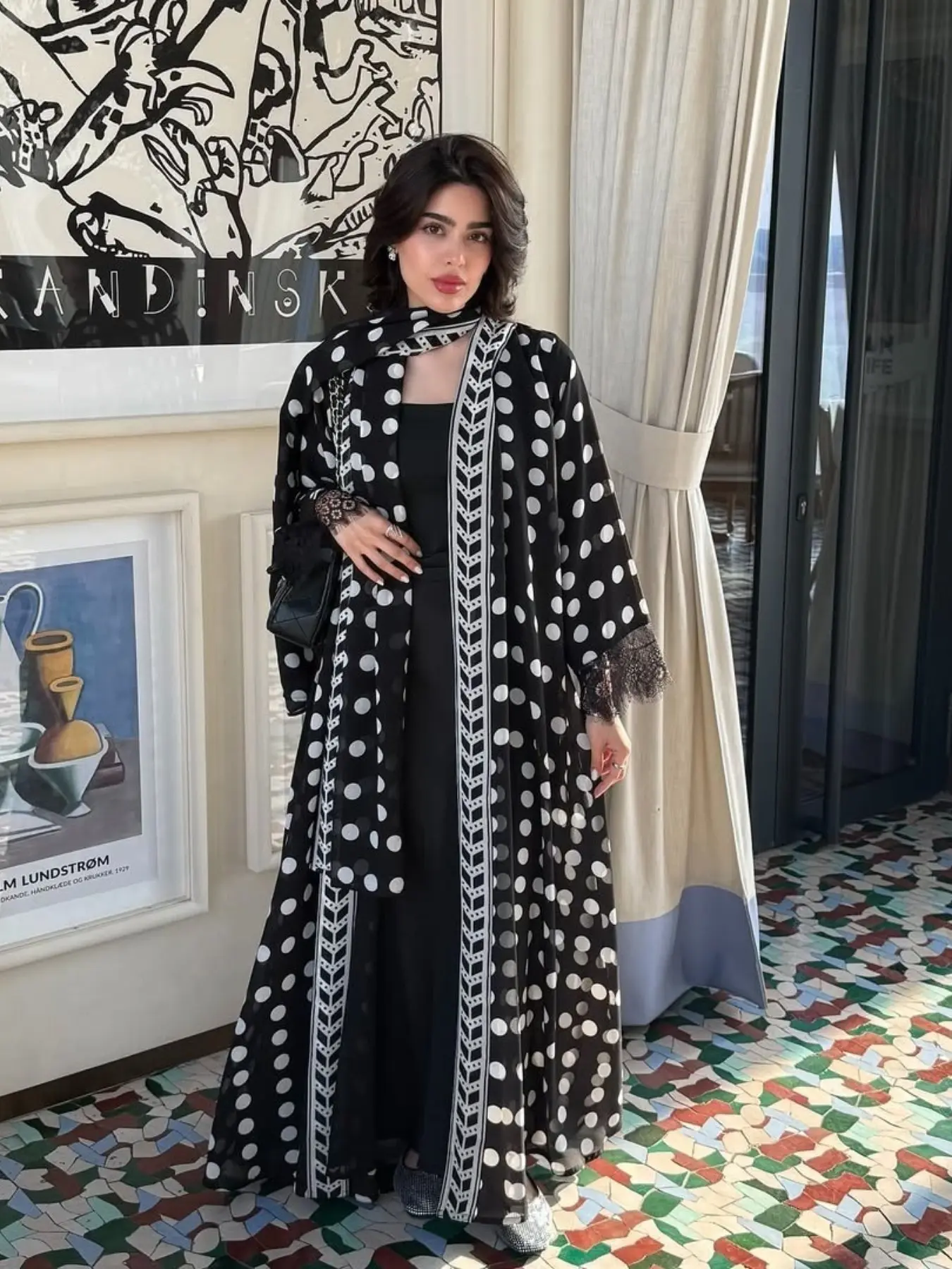 Polka Dot Print 2-Piece Set with Headscarf, Long Sleeve Open Front Robe, Vintage Geometric Trim, Casual Muslim Women's Abaya, Elegant Islamic Clothing