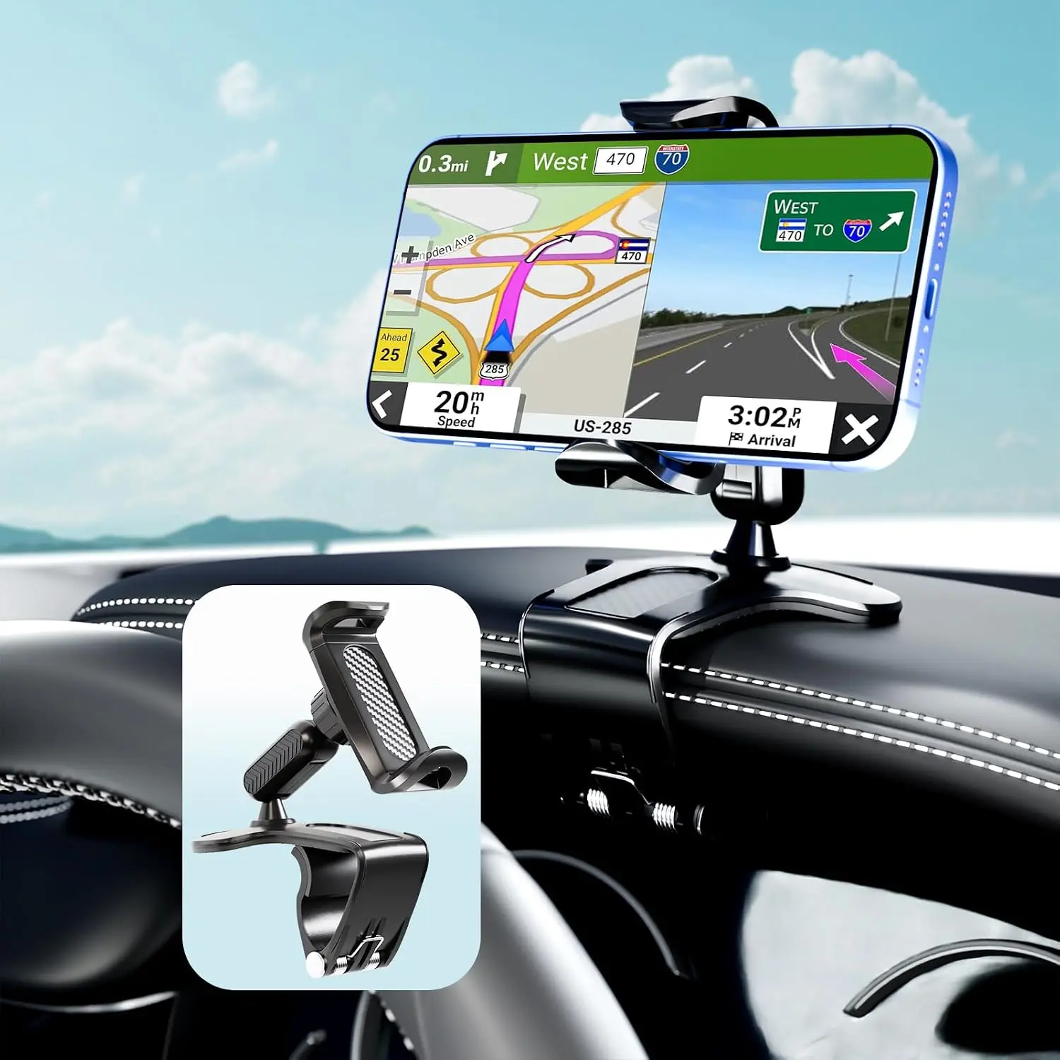 Phone Mount for  Dashboard, 360  Rotation  Cell Phone Holder for  Clip Mount Stand Suitable for 4 to 7" Smartphones (Standard Black)