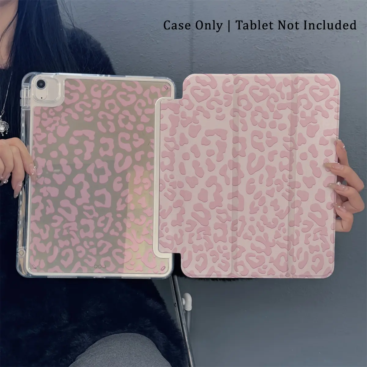 Soft-focus leopard print protective case featuring an adjustable stand and stylus slot; a foldable, non-slip TPU cover compatible with various iPad models, including the iPad mini, iPad Air, iPad Pro, and 10th/11th generation iPads.