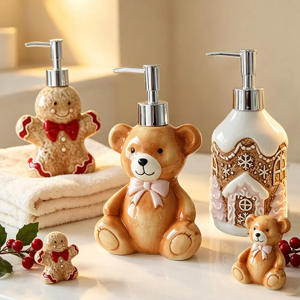 350ML Ceramic Gingerbread House Refillable Bottle, Cute Bear Dispenser for Bathroom, Body Wash, Shampoo, Hand Sanitizer, Festive Decor