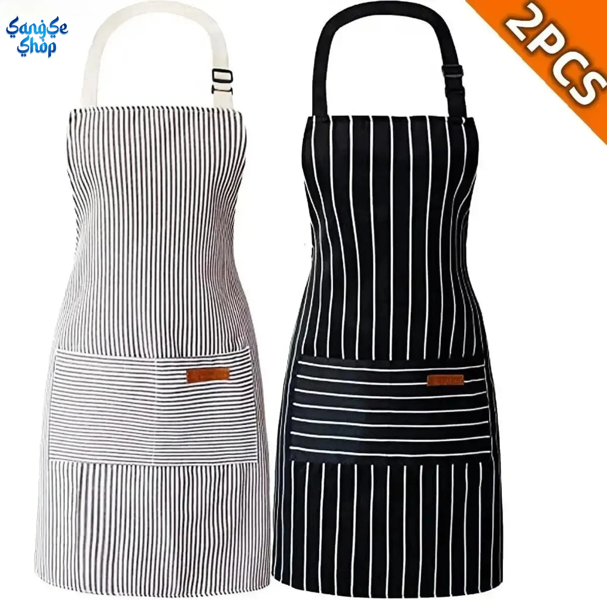 Fashion Unisex Plastic Striped Chef Aprons (2-Pack) - Adjustable Black & White Daily Cooking Bib with Front Pockets for Baking, Grilling (Bag Accessory for Unisex Use), With Pocket, Bib Apron, Striped Look, Bib Neckline