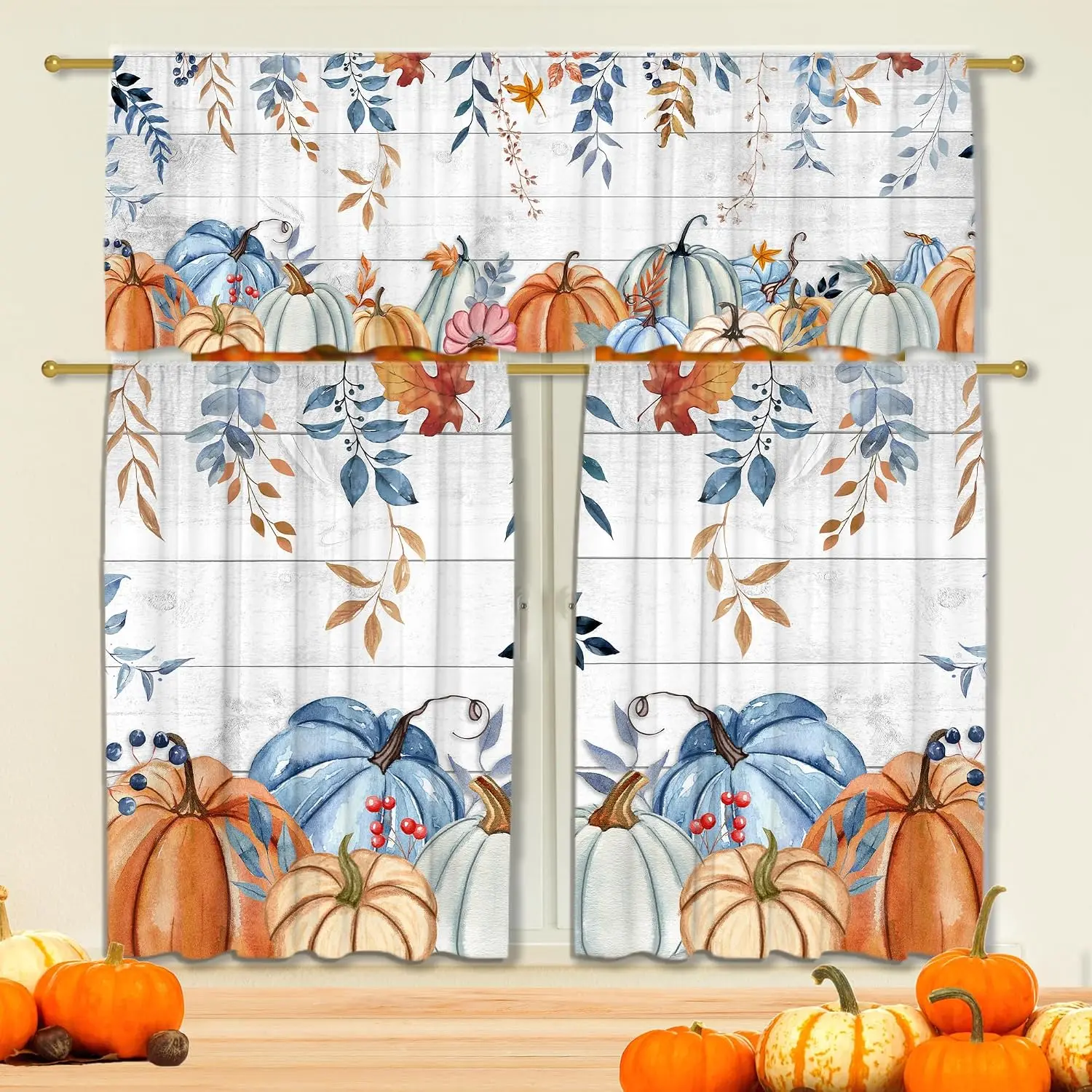 Fall Kitchen Curtains for Windows, Fall Decorations Wooden Pumpkin Valances, Autumn Curtains and Valances Set Leaves Decor for Cafe Living Room 27''x36'' 2 Panel & 54x18 Inch Tier Set Thanksgiving