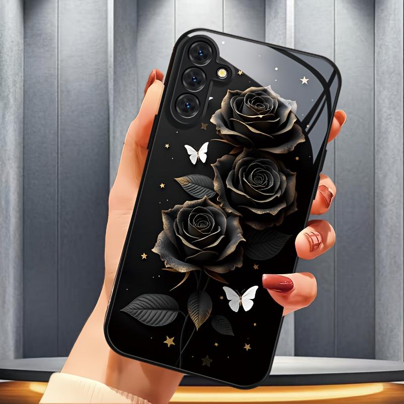 Black Rose White butterfly Glass PhoneCase suitable for Samsung Galaxy S26 S25 S24 S23 S22Pro S21 S20 Fe Plus Ultra Pro A56 A55 A54 A53 A52 A51 A36 A35 A34 A32 A26 A25 A24 A23 A16 A15 A14 A06 A05 A03s