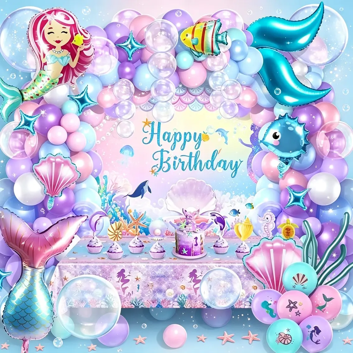 Mermaid Theme Balloon Set, Fish Tail Shell Aluminum Foil Balloons, Girl's First Birthday Party Decoration, Ocean Style Balloon Chain, Balloon Party Supplies