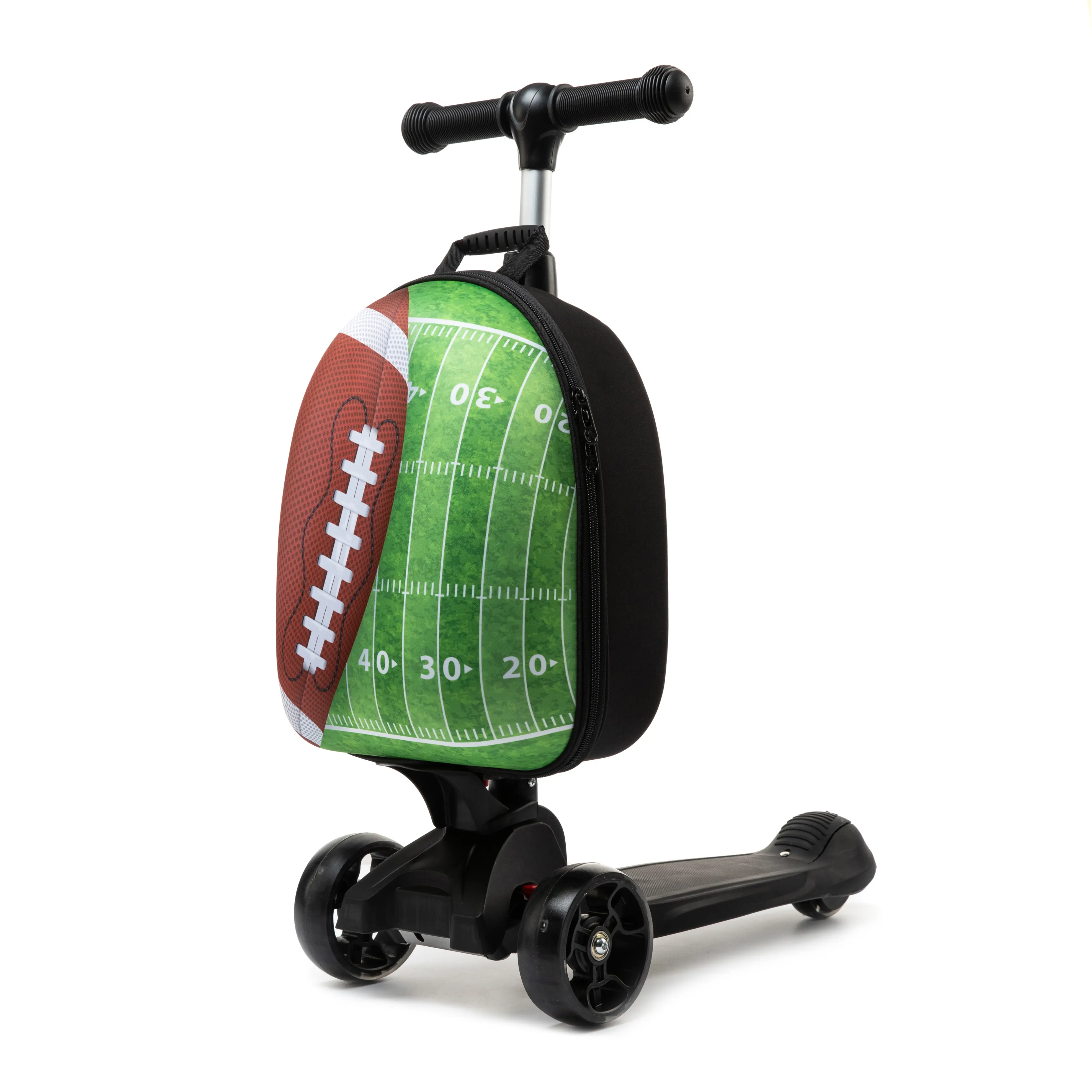 Boys' Football Theme 2-in-1 Foldable Steering Scooter Suitcase, Hard Shell 3-Wheel Ride-On Carry-On Luggage, Compact Fold, Handle Grip, Prop 65 Safe Cabin Bag, Travel Toy