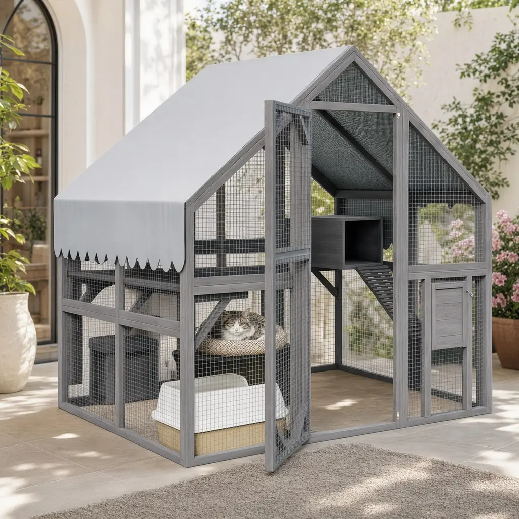 Gray Wood Large & Roomy Outdoor Cat Enclosure (Catio) for Multiple Cats, Mesh Design with 2 Platforms, 2 Cozy Resting Boxes, 1 Bridge, Waterproof UV-Proof Canopy, Safe Playpen, Easy Assembly, 74x55x74in