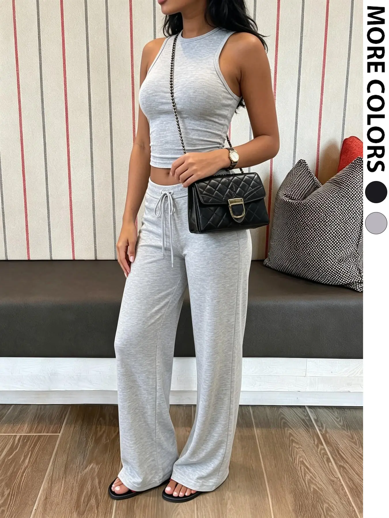 2 Piece Set Sleeveless Ribbed Crop Tank Top & Drawstring Flare Pants, Soft Stretchy Breathable Loungewear Outfit, Slim Figure‑Flattering Fit, Casual Daily Streetwear Matching Set For Women Going‑Out And Lounge Look