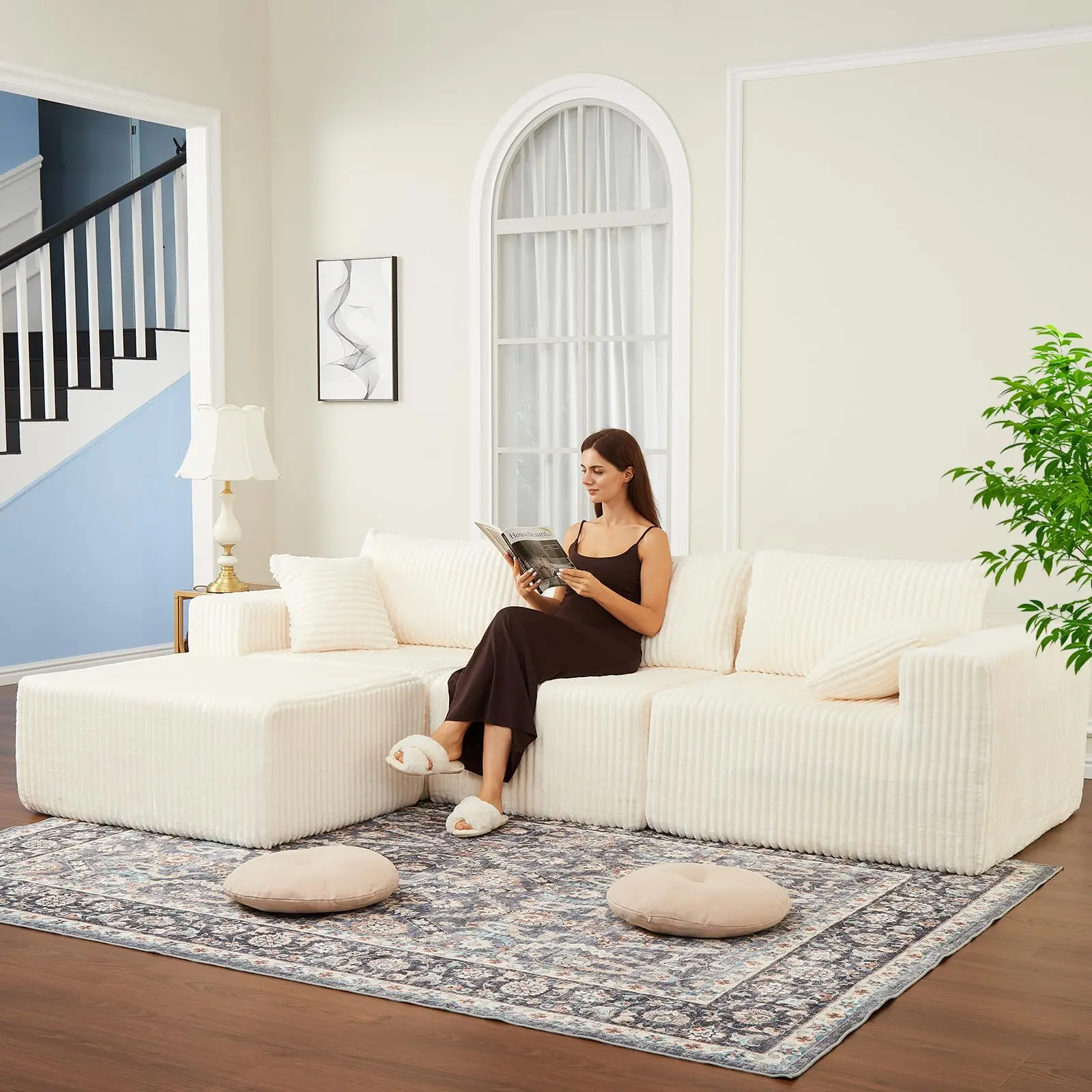 Garvee 108" Modular Sectional Sofa Couch for Living Room and Bedroom, Featuring Cloud Memory Foam, Boneless Design, Corduroy Sponge Compression, Deep Seat Comfort, and No Assembly Required, Grey
