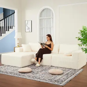 Garvee 108" Modular Sectional Sofa Couch for Living Room and Bedroom, Featuring Cloud Memory Foam, Boneless Design, Corduroy Sponge Compression, Deep Seat Comfort, and No Assembly Required, Grey