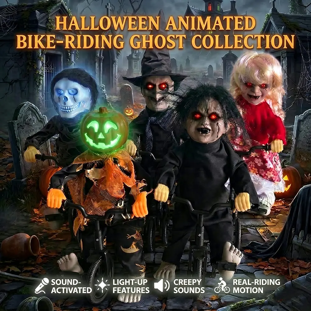 1PC Halloween Animatronic 13.4” Witch Ride on Bicycle Moving Back and Forth | Sound Activated Spooky Talking Halloween Decoration Indoor for Haunted House, Party, Storefront