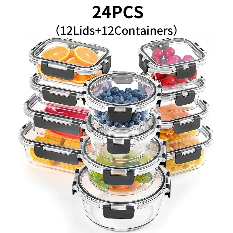 24 Pack Glass Food Storage Containers with Lids Airtight Leakproof Meal Prep Containers for Lunch Microwave Oven Safe Food Storage Containers for Kitchen Freezer Dishwasher Safe 12 Lids & 12 Container