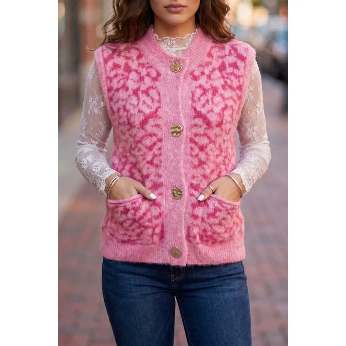 Women's Pink Leopard Print Sweater Vest, Chic Sleeveless Knit Top with a Casual Round Neck and Pocket, Colorful Knit Women's Vests, Knit Women's Vests