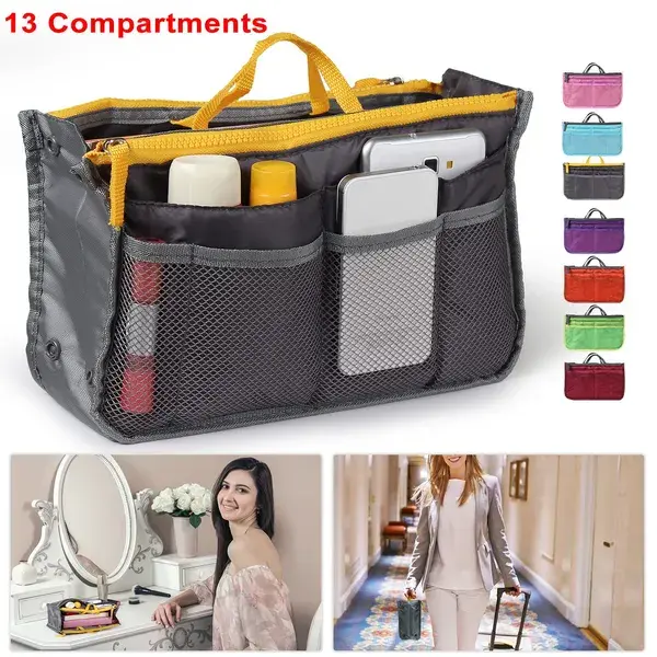 Women's Nylon Travel Handbag Organizer Insert with Zip, 11.4"x7.1"x3.5" Makeup Bag Liner, Reusable Travel Organizer with Multiple Pockets & Top Single Handle Strap, Rectangular