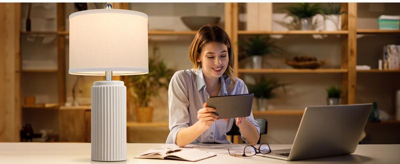 2 Pack 23.5’’ Modern Ceramic Table Lamps Set of 2 for Living Room, Farmhouse Vintage Bedside Table Lamps with White Linen Shade, Rustic Bedroom Ceramic Lamps for Nightstand Home Office End Table Dorm