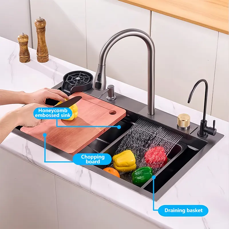 Stainless Steel All-in-1 Kitchen Sink Workstation Package - Waterfall Sink with Cup Washer, Wooden Chopping Board, Colander Basket, and Anti-Clog Drainage Assembly