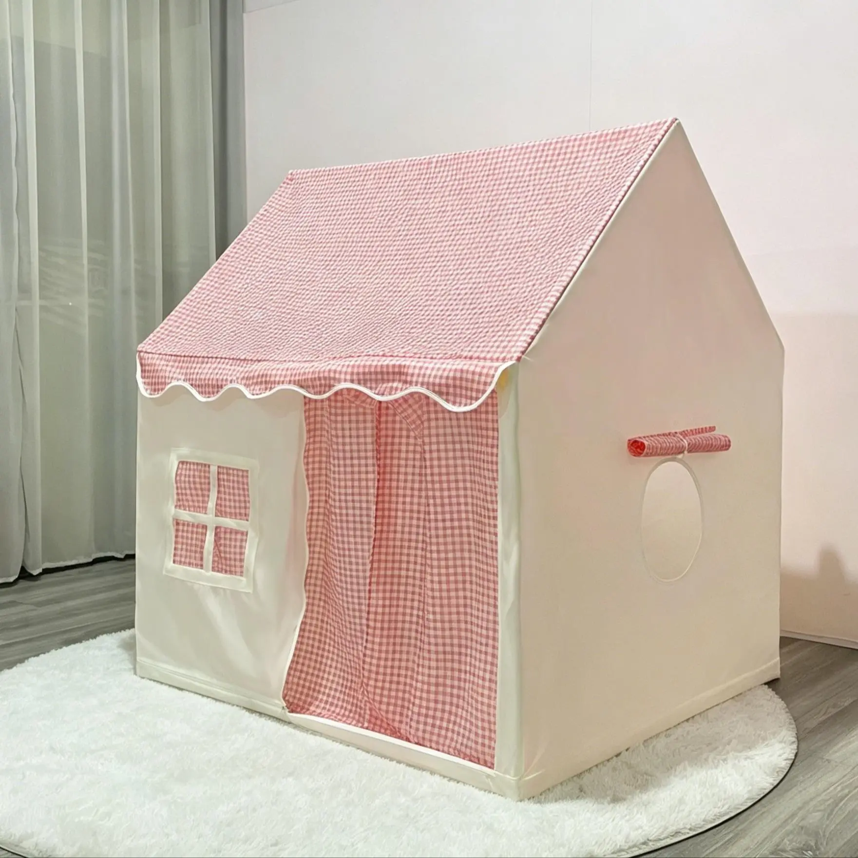 Spacious Interior Fabric Play Wonderland Tent Breathable See Through Windows Quick Install Pink Gingham Curtain House
