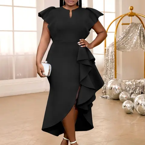 Plus Size Formal Party Dress, Formal Wear, High Waist Slimming Fitted Pleated Ruffled Short Sleeve A-Line Knit Summer Dress, Elegant Women's Clothing for Special Occasions