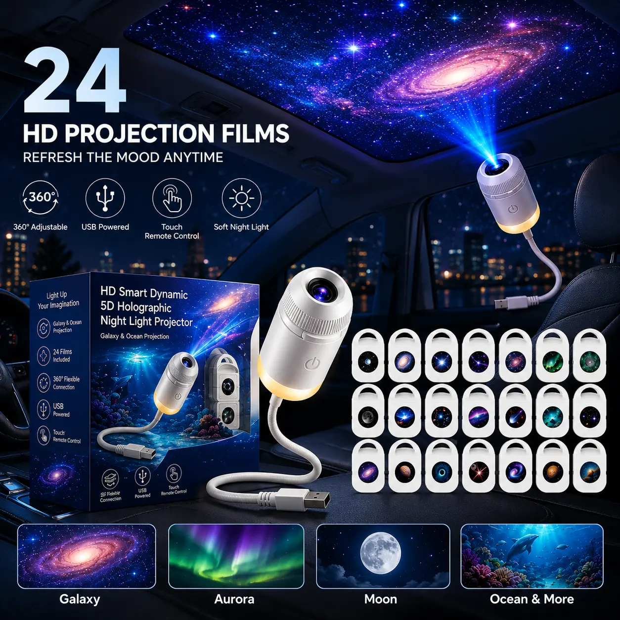 HD Smart Dynamic 5D Holographic Night Light Projector – 2-in-1 Galaxy & Ocean Projector (Includes 24 Projection Slides), Suitable for Car Use