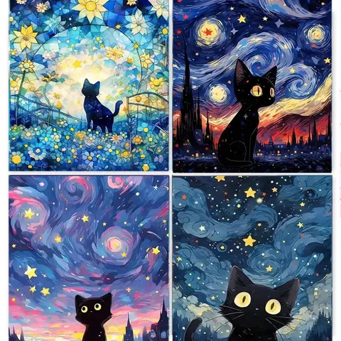 Starry Sky Cat Pattern DIY Diamond Art Painting Without Frame, 4 Counts DIY 5D Diamond Arts Painting Kit, Wall Art Decor For Home Living Room Bedroom, Christmas Gift, Crafting, Handmade DIY Craft, Diamond Painting Kits