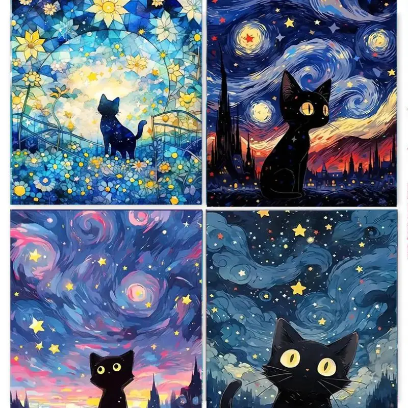 Starry Sky Cat Pattern DIY Diamond Art Painting Without Frame, 4 Counts DIY 5D Diamond Arts Painting Kit, Wall Art Decor For Home Living Room Bedroom, Christmas Gift, Crafting, DIY Craft Supplies, Diamond Painting Kits
