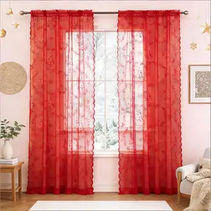 Sheer Lace Curtains for Living Room, Embroidery Weave Sheer Curtains for Holiday Window Decoration, Rod Pocket Red Drapes, 2 Panels 52 x 72 Inch