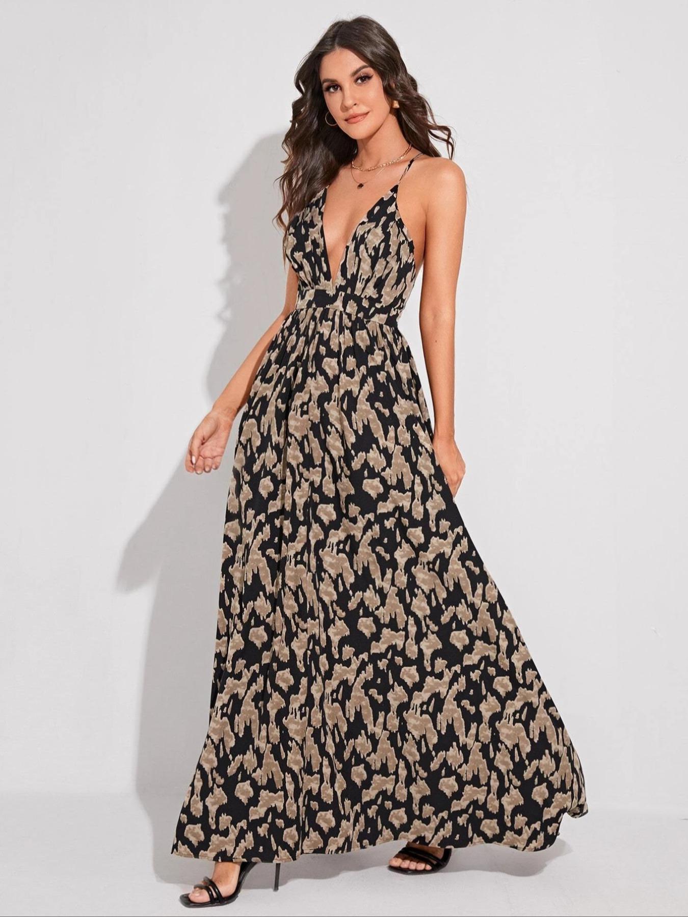 Women's All Over Print Criss Cross Backless Fitted Cami Dress, Boho Sleeveless Maxi Dress for Beach Holiday Vacation, suitable for all seasons