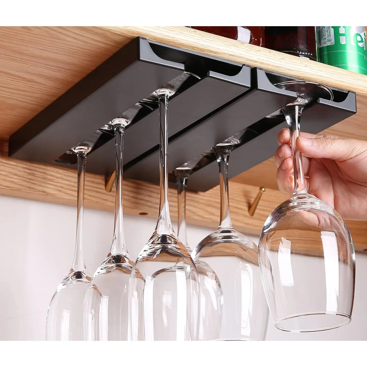 Wine Glass Holder Under Shelf Cabinet Wine Glass Rack Plastic Stemware Rack Glassware Drying Storage Hanger for Kitchen,Bar and Restaurant (Black-2Pack)