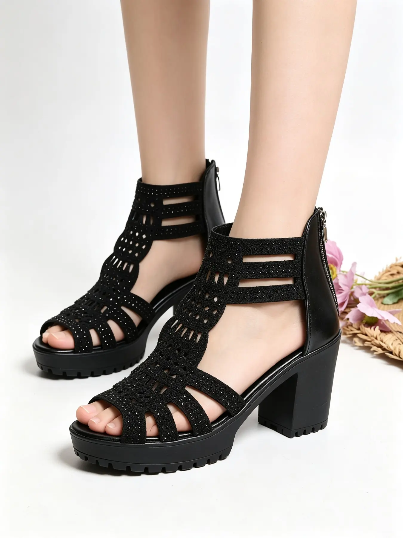European Style Rhinestone Hollow Out High-Heeled Women's Sandals, Exquisite Heels, Breathable Mesh Fabric, Anti-Slip Rubber Sole, Party & Vacation Shoes