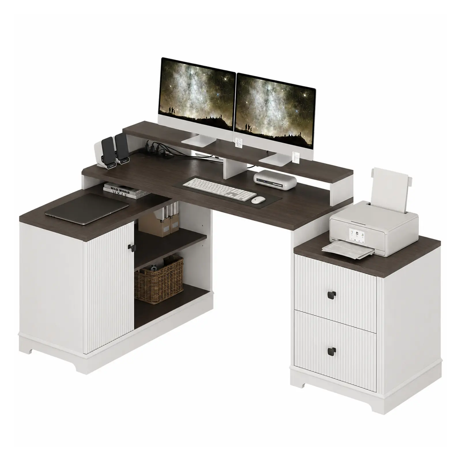 L Shaped Desk with Drawers 67 Inch Fluted Computer Corner Desks with Drawers Storage Cabinet Power Outlets Shelf for Study Living Room
