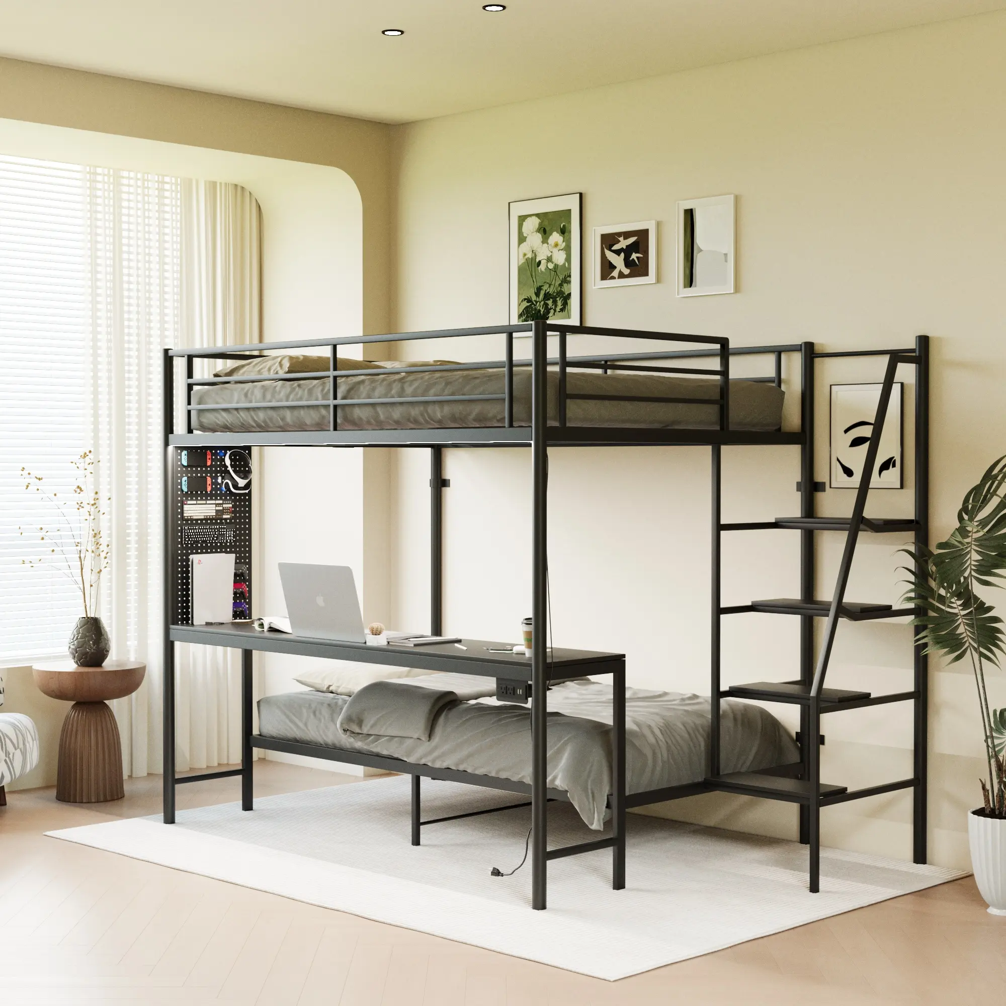 ARCH Black Full Size Bunk Bed with Twin Size Trundle, LED Lights, Charging Socket, Metal Frame with Ladder, Space-Saving for Kids Teens Bedroom, Durable Sturdy Construction, No Box Spring Needed, Bedroom Furniture for Bedroom, Guest Room