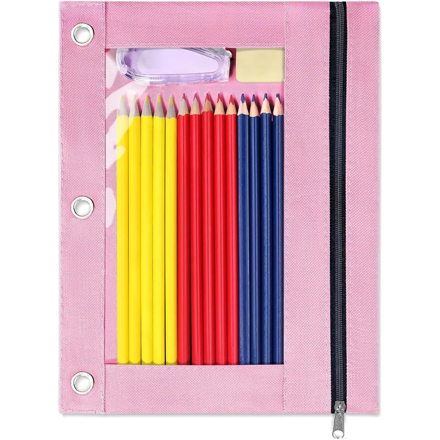 Pencil Pouch for 3 Ring Binder, Zipper Pencil Pouch with Clear Window, 3 Reinforced Grommets, Binder Accessories for School and Office Supplies Storage,