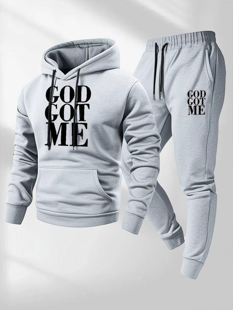 Casual hoodie and sweatpants set - fleece lining, long sleeves, printed design |   machine washable