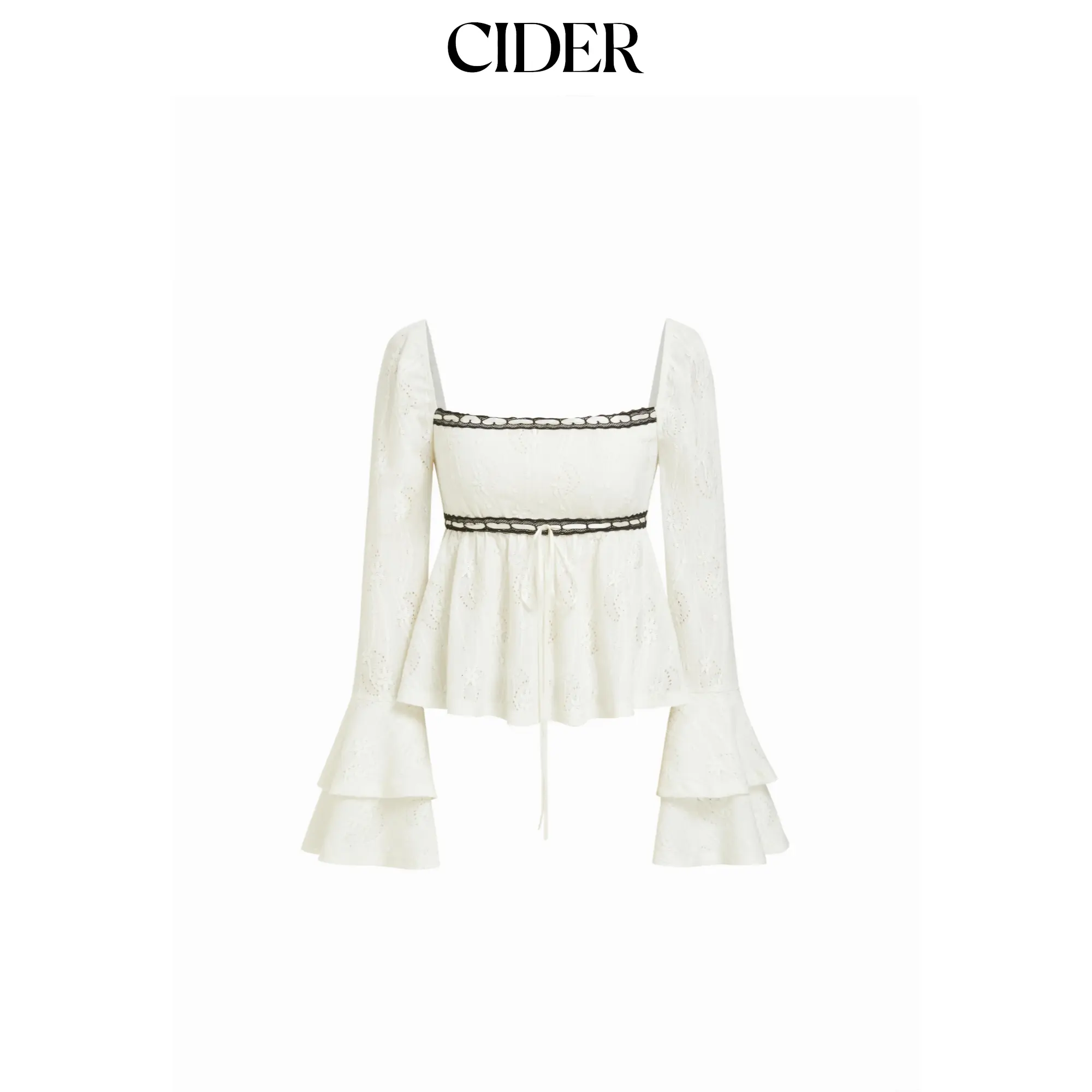 Cider Jacquard Square Neck Bell Sleeve Lace Floral Ruffled Peplum Top SohoChic