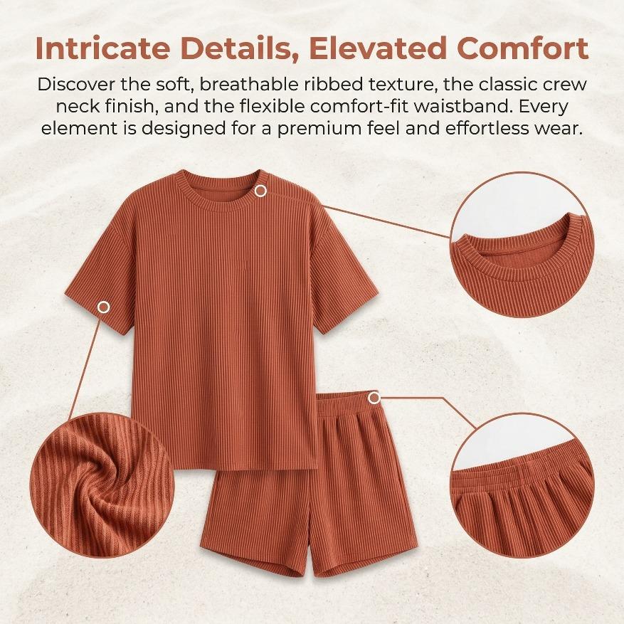Summer Women's Ribbed Knit Lounge Set - Short Sleeve Crew Neck Top & High Waisted Shorts with Pockets, Soft Pajamas Loungewear Mother's Day Gift