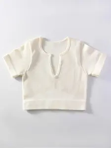 Women's Solid Notched Neck Ribbed Crop Sports Tee, Casual Comfortable Breathable Short Sleeve T-shirt for Yoga Gym Workout, Ladies Sportswear for All Seasons, Breathable Workout Shirts