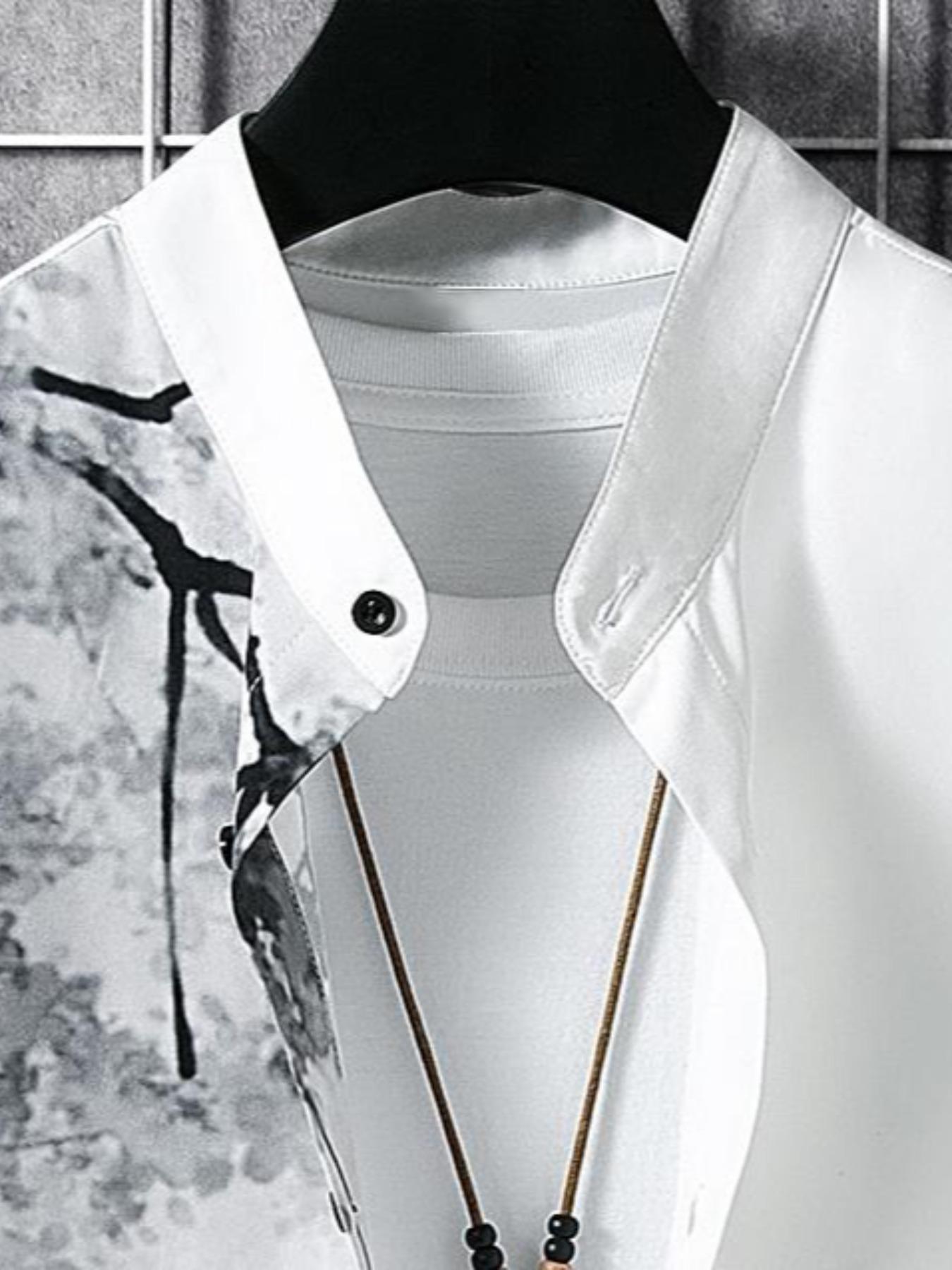 Men's Regular Fit Leaf & Floral Print Button Front Shirt without Tee & Necklace, Casual Comfy Short Sleeve Stand Collar Top for Spring & Summer, National Day Clothing, Casual Stylish Menswear, Fashion Men's Clothes for Daily Wear