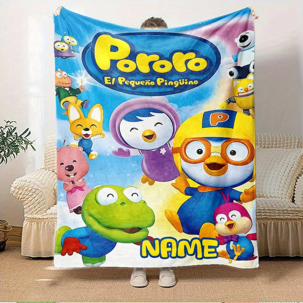 Custom Name Pororo The Little Penguin Full Character Fleece Throw Blanket, Sky Cloud Kids Cartoon Print, Soft Lightweight Blanket For Toddler Nursery Baby Shower Kids Sleep Birthday Gift