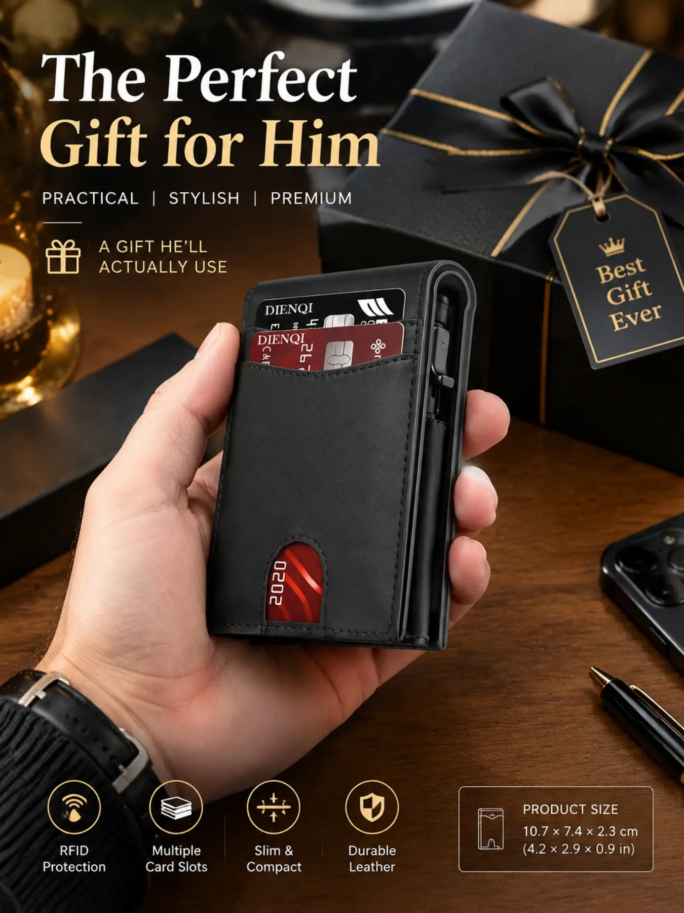 Fall Winter Men's Wallet, Leather RFID Wallets, RFID Leather Pop-up Aluminium Metal Case, Anti-theft Slim Design Credit Card Holder, Money Clips, Cash Slot, Magnetic Wallet, Gift for Him, Gift Box Package