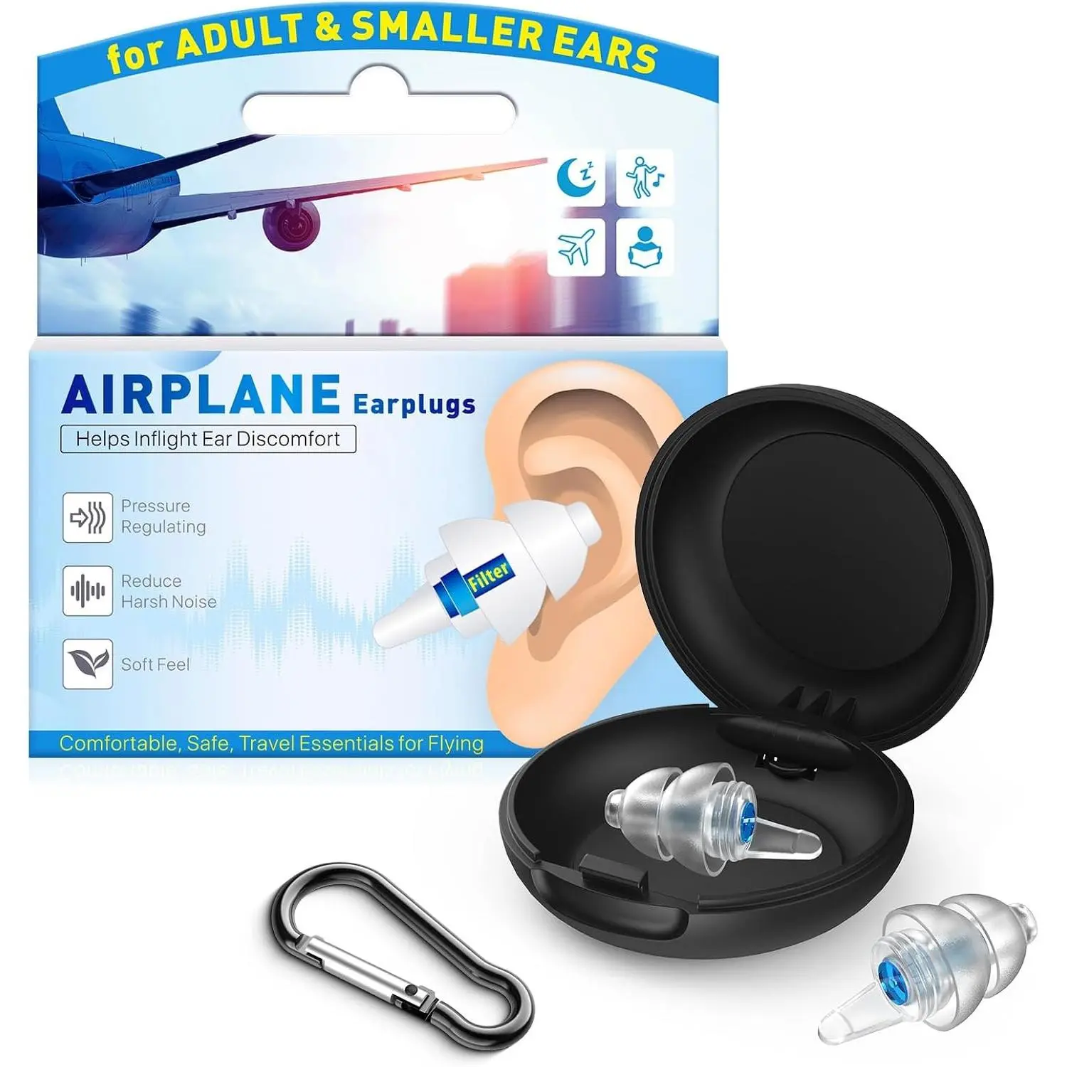 Ear Plugs for Airplane Pressure Relief & Ear Pain Prevention - Reusable Noise Reducing Earplugs for Flying Travel, Comfortable Fit for Adults & Teens 12+ with Small Ear Canals, 25dB Noise Reduction