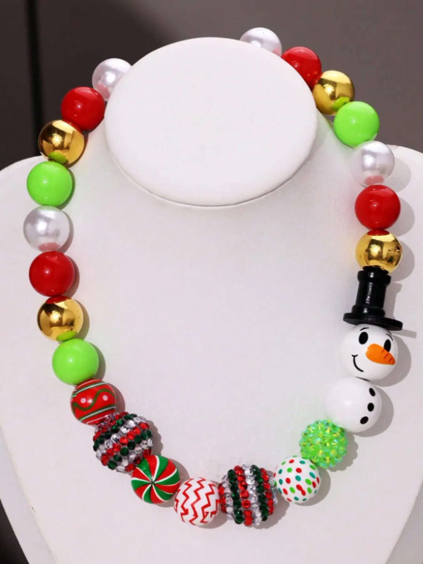 Festive Xmas Snowman Theme Statement Necklace, Red Green Gold Mixed Beads Collar Necklace, Christmas Party Outfit Accessories for Ladies