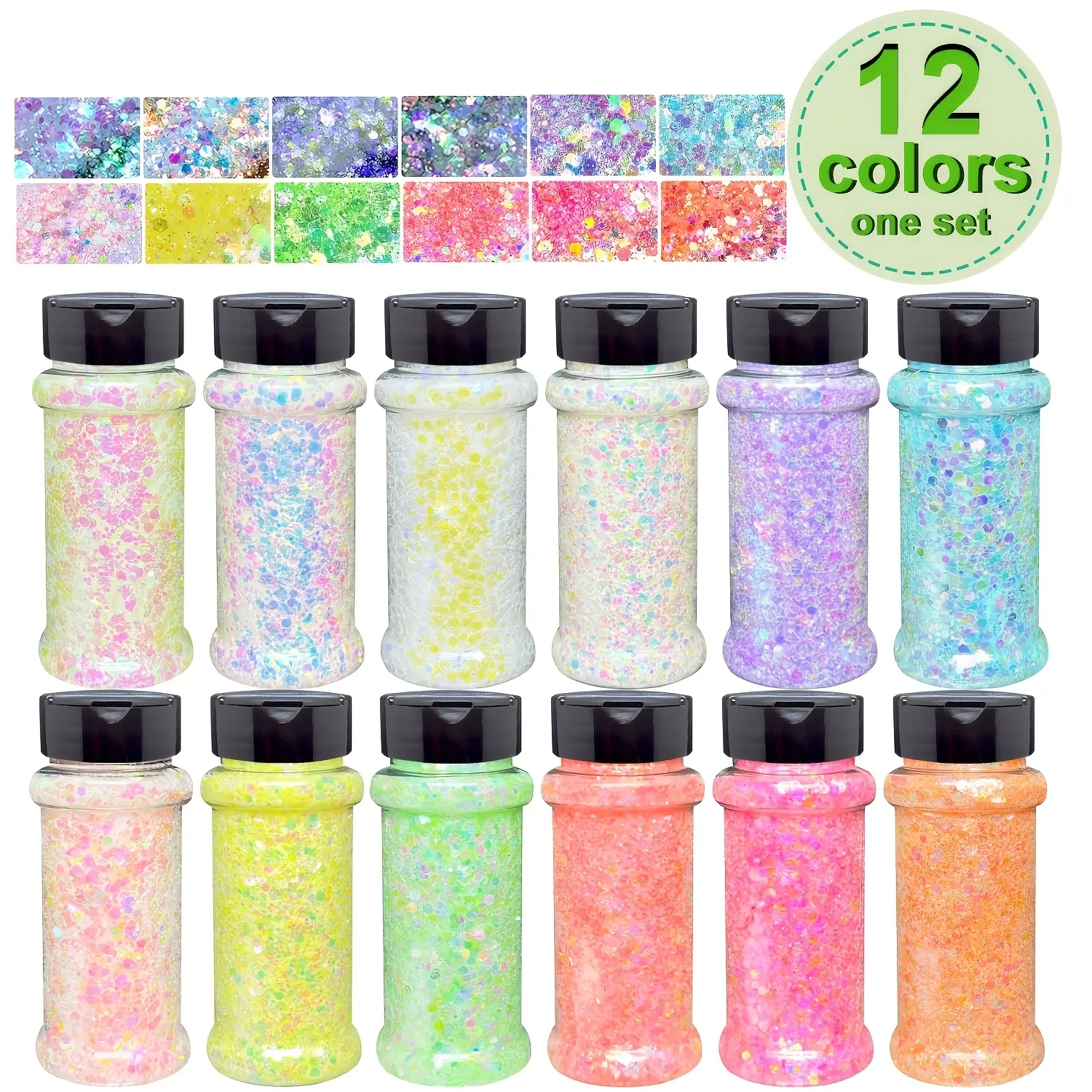 12-Pack 1.5 oz Glitter Nail Art Set, Mixed Colors & Sizes with Holographic Finish, Perfect for Handmade Crafts & Holiday Party Gifts (Keychains, Coasters, Small Accessories)
